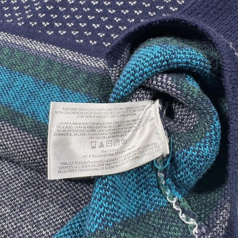 Eddie Bauer Sweater Tunic Womens Large Blue‎ Fair Isle 1/4 Zip Mock Neck Knit